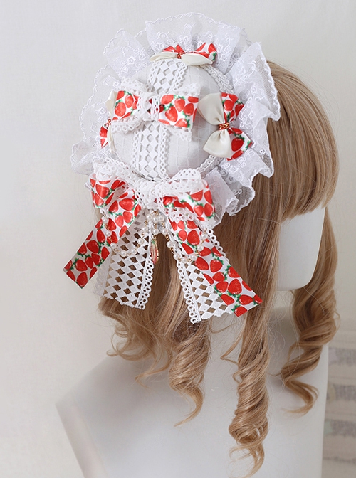 Sweet Strawberry Print Big Bowknot Lace Pearl Chain Decorate Dome Hat Sweet Lolita Little Top Hat