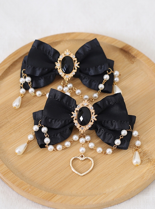 Pure Color Net Yarn Bowknot Pair Clip Diamond Pearl Chain Metal Heart Pendant Classic Lolita Hairpin