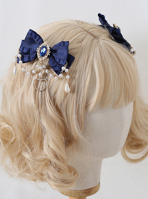 Pure Color Net Yarn Bowknot Pair Clip Diamond Pearl Chain Metal Heart Pendant Classic Lolita Hairpin