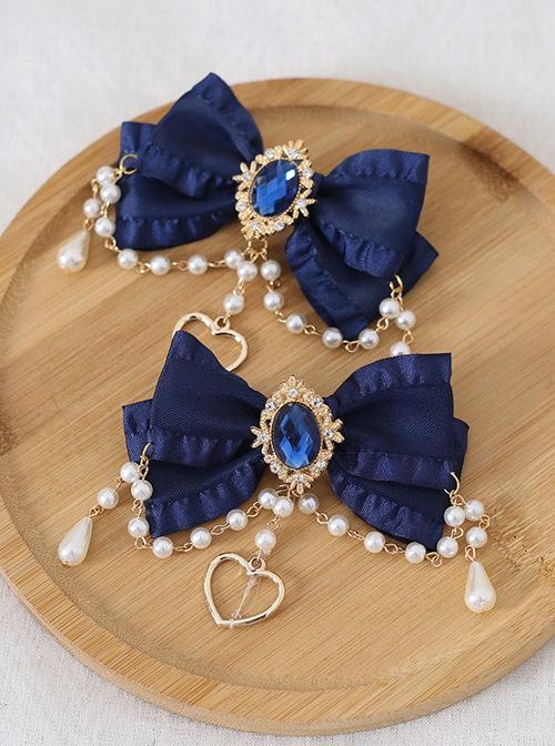 Pure Color Net Yarn Bowknot Pair Clip Diamond Pearl Chain Metal Heart Pendant Classic Lolita Hairpin