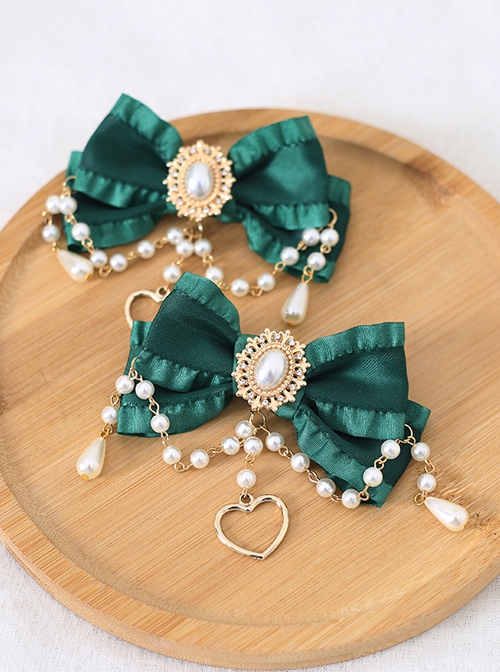 Pure Color Net Yarn Bowknot Pair Clip Diamond Pearl Chain Metal Heart Pendant Classic Lolita Hairpin