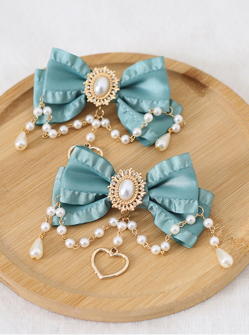 Pure Color Net Yarn Bowknot Pair Clip Diamond Pearl Chain Metal Heart Pendant Classic Lolita Hairpin