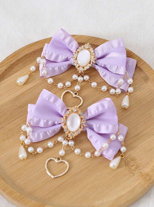 Pure Color Net Yarn Bowknot Pair Clip Diamond Pearl Chain Metal Heart Pendant Classic Lolita Hairpin