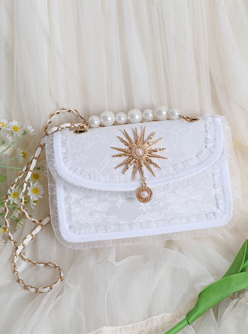 Pure Color PU Dark Style Sun God Decorate Pearl Metal Chain Messenger Handbag All-Match Gothic Lolita Bag