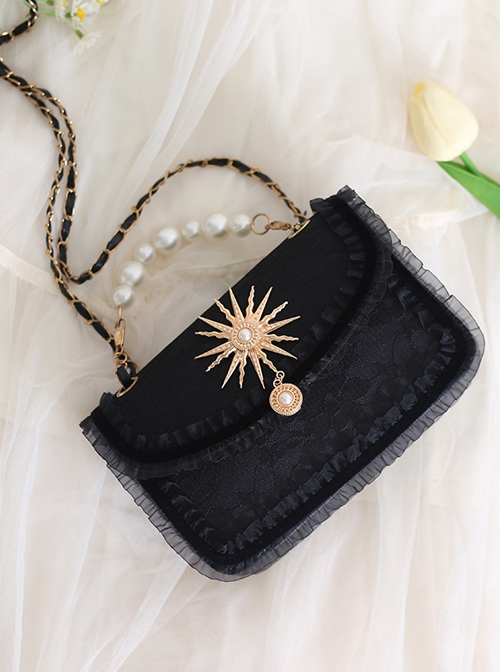 Pure Color PU Dark Style Sun God Decorate Pearl Metal Chain Messenger Handbag All-Match Gothic Lolita Bag