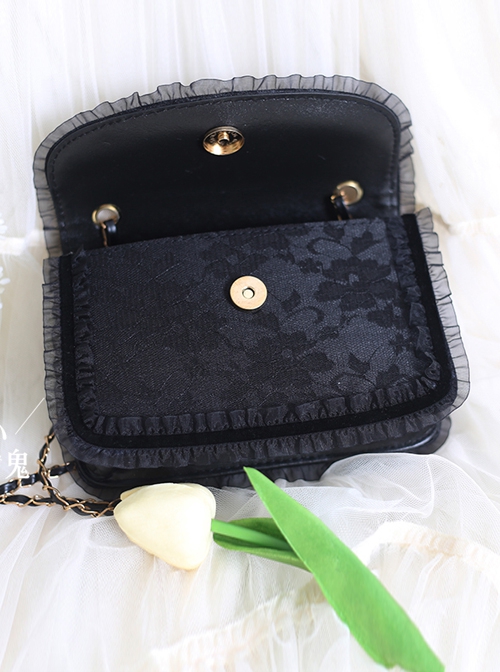 Pure Color PU Dark Style Sun God Decorate Pearl Metal Chain Messenger Handbag All-Match Gothic Lolita Bag