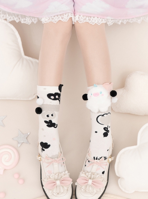 Cute Plush Monster Print Cotton Woven Sweet Lolita Socks