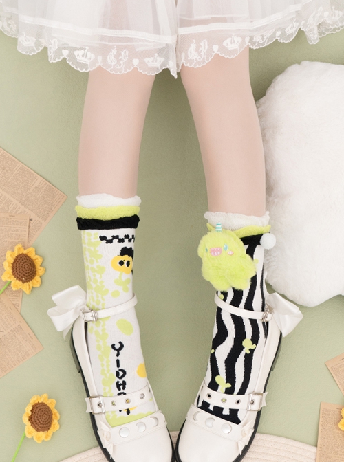 Cute Plush Monster Print Cotton Woven Sweet Lolita Socks