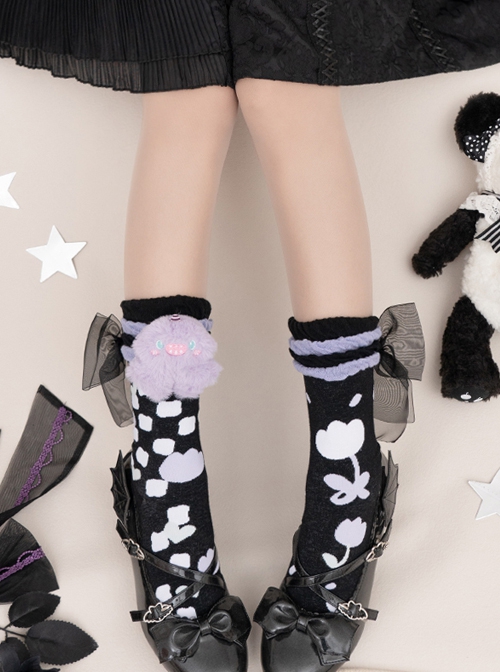 Cute Plush Monster Print Cotton Woven Sweet Lolita Socks