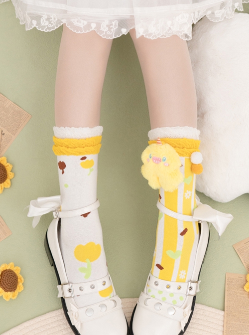 Cute Plush Monster Print Cotton Woven Sweet Lolita Socks