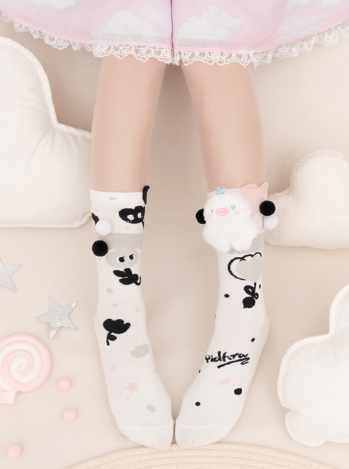 Cute Plush Monster Print Cotton Woven Sweet Lolita Socks