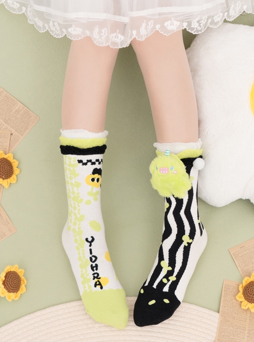 Cute Plush Monster Print Cotton Woven Sweet Lolita Socks