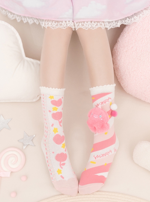 Cute Plush Monster Print Cotton Woven Sweet Lolita Socks