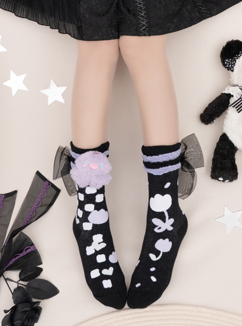 Cute Plush Monster Print Cotton Woven Sweet Lolita Socks