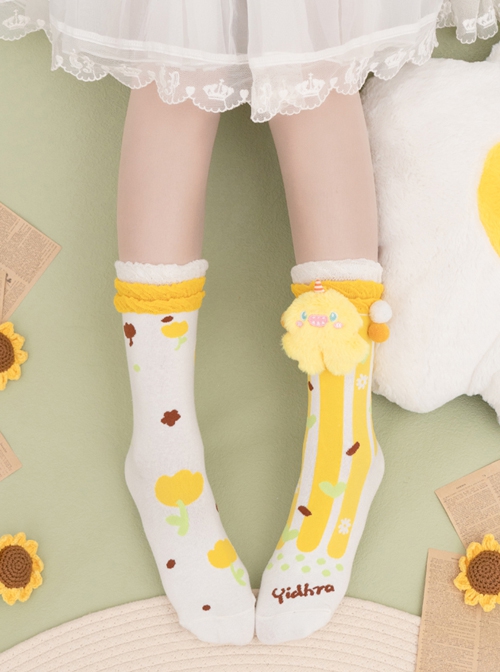 Cute Plush Monster Print Cotton Woven Sweet Lolita Socks