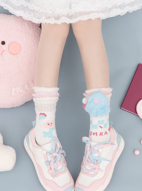 Cute Plush Monster Print Cotton Woven Sweet Lolita Socks