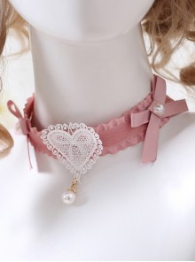 Bowknot Decoration White Lace Heart Sweet Lolita Pink Necklace