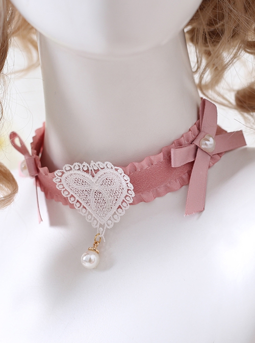 Bowknot Decoration White Lace Heart Sweet Lolita Pink Necklace