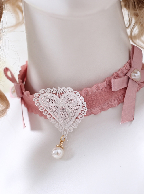 Bowknot Decoration White Lace Heart Sweet Lolita Pink Necklace