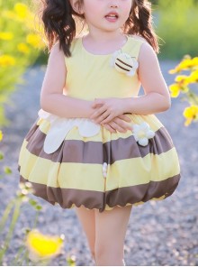 Little Bee Series Yellow Bee Stripe Print Flower Decoration Summer Sweet Lolita Kids Sleeveless Dress