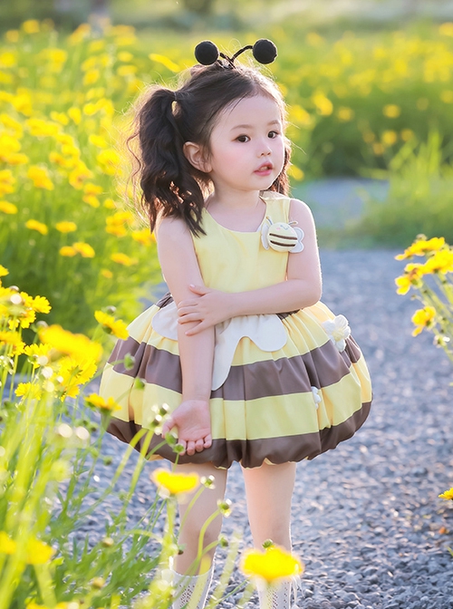 Little Bee Series Yellow Bee Stripe Print Flower Decoration Summer Sweet Lolita Kids Sleeveless Dress