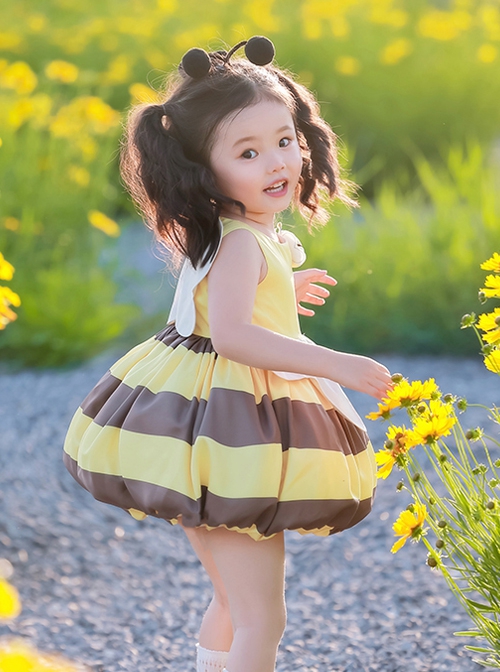 Little Bee Series Yellow Bee Stripe Print Flower Decoration Summer Sweet Lolita Kids Sleeveless Dress