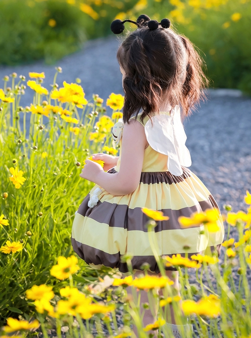 Little Bee Series Yellow Bee Stripe Print Flower Decoration Summer Sweet Lolita Kids Sleeveless Dress