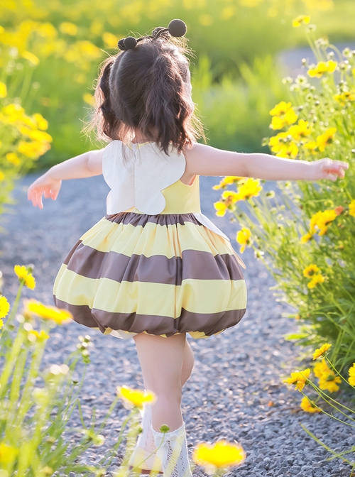 Little Bee Series Yellow Bee Stripe Print Flower Decoration Summer Sweet Lolita Kids Sleeveless Dress