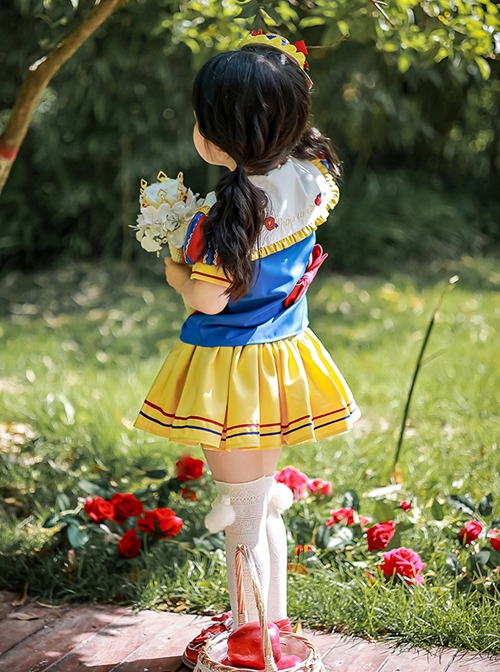 White Snow Series College Style Apple Embroidery Princess Puff Sleeve Sailor Suit Sweet Lolita Kids Short-Sleeved Top Skirt Suit