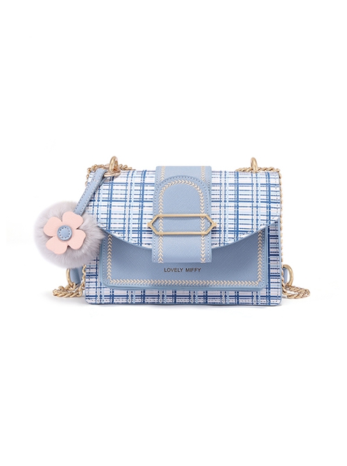 PU Contrast Color Plaid Organ Bag Stylish Versatile Metal Chain Messenger Sweet Lolita Bag