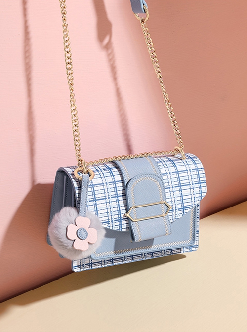 PU Contrast Color Plaid Organ Bag Stylish Versatile Metal Chain Messenger Sweet Lolita Bag