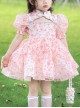 Floral Stand Collar Hollow Design Puff Sleeves Pink Sweet Lolita Kids Short-Sleeved Dress