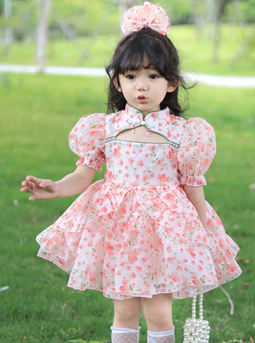 Floral Stand Collar Hollow Design Puff Sleeves Pink Sweet Lolita Kids Short-Sleeved Dress