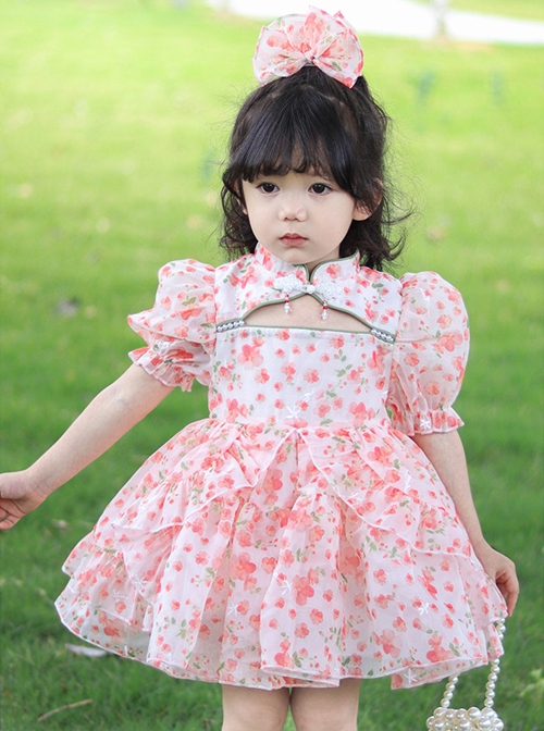 Floral Stand Collar Hollow Design Puff Sleeves Pink Sweet Lolita Kids Short-Sleeved Dress