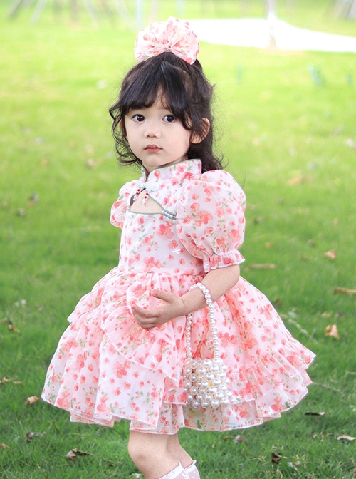 Floral Stand Collar Hollow Design Puff Sleeves Pink Sweet Lolita Kids Short-Sleeved Dress