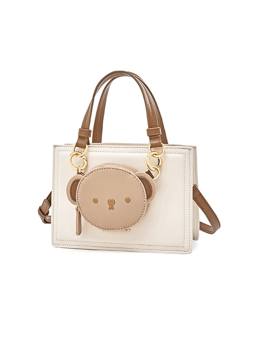 PU Style Pure Color Cute All-Match Messenger Handbag Detachable Bear Embroidery Decoration Sweet Lolita Bag