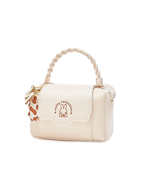 Pure Color Pu Woven Portable Small Square Bag Embroidery Pattern Zebra  Rabbit Pendant Simple Sweet Lolita