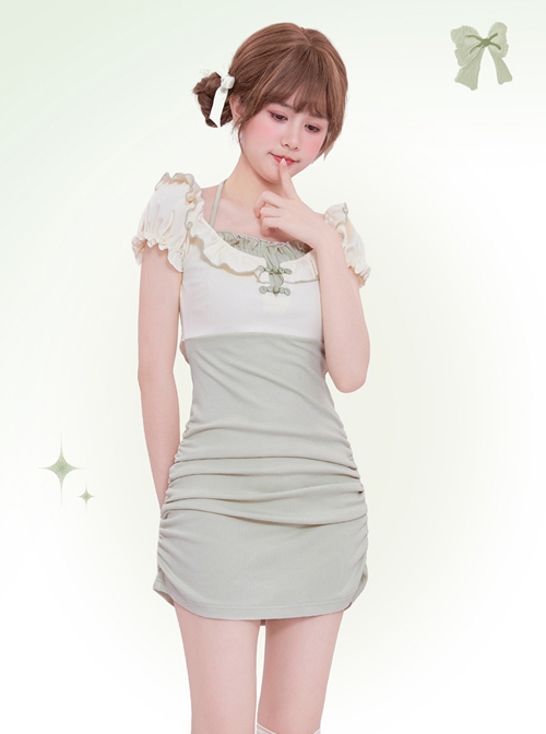 Chinese Style Cute Girl Color Contrast Fake Two-Piece Bowknot Slim Fit Hip Sweet Lolita Dress