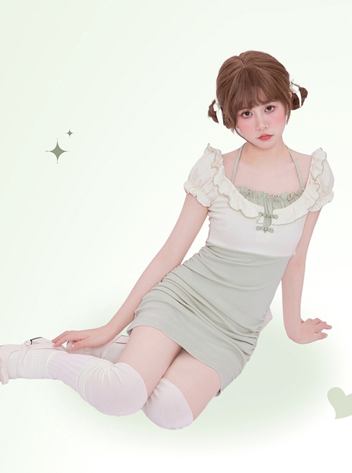 Chinese Style Cute Girl Color Contrast Fake Two-Piece Bowknot Slim Fit Hip Sweet Lolita Dress