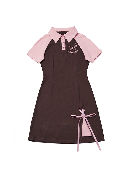 College Style Butterfly Embroidery Polo Collar Color Matching Dress Slim Waist Slim School Lolita Dress