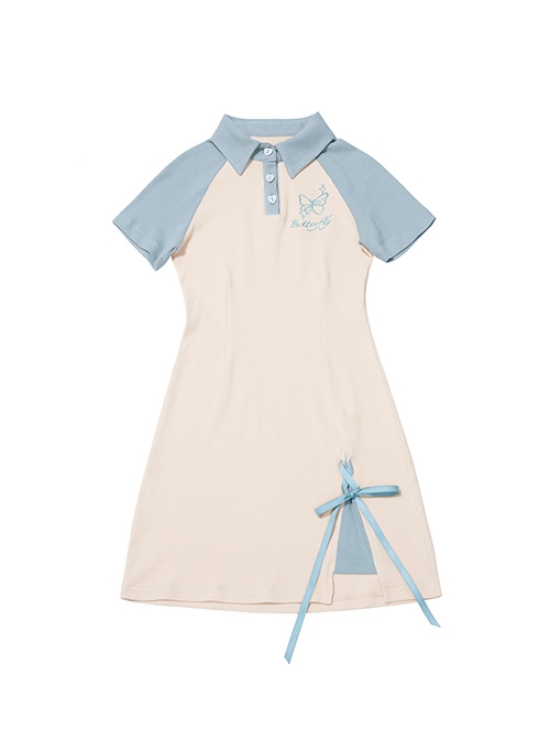 College Style Butterfly Embroidery Polo Collar Color Matching Dress Slim Waist Slim School Lolita Dress