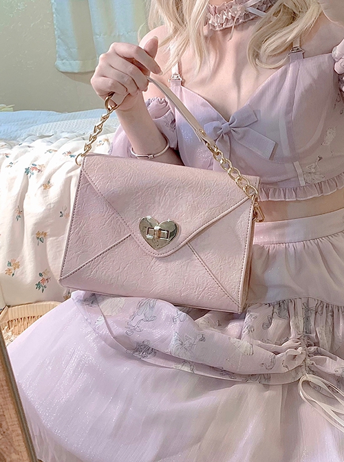 Pink High-Quality Wrinkled PU Envelope Bag Hardware Love Lock Retro French Classic Lolita Bag