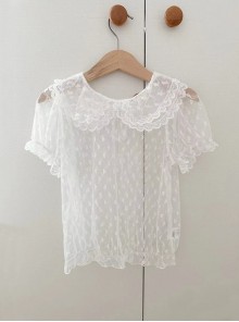 Summer Breathable Doll Collar Short-Sleeved Lace White Hollow Love Print Foreign Style Sweet Lolita Kids Top