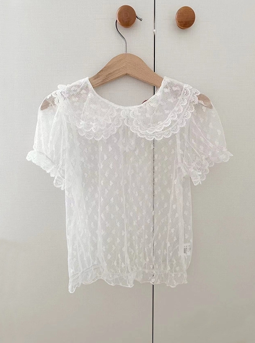 Summer Breathable Doll Collar Short-Sleeved Lace White Hollow Love Print Foreign Style Sweet Lolita Kids Top