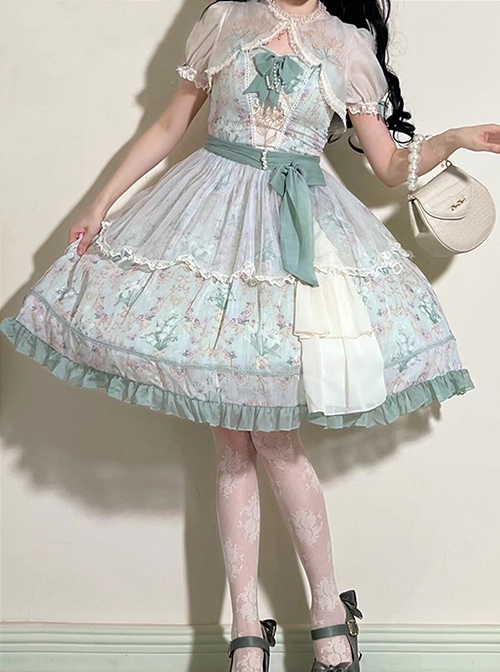 Lily Of The Valley Blossom Series Chiffon Lace Bowknot Pearl Chain Decoration Classic Lolita Sleeveless Dress Set