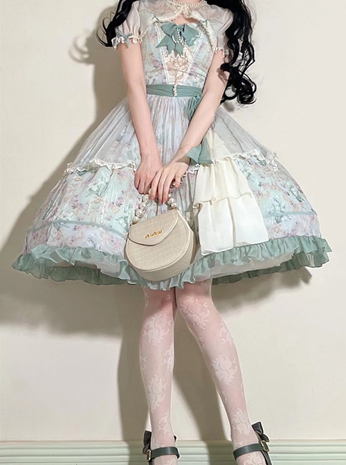 Lily Of The Valley Blossom Series Chiffon Lace Bowknot Pearl Chain Decoration Classic Lolita Sleeveless Dress Set