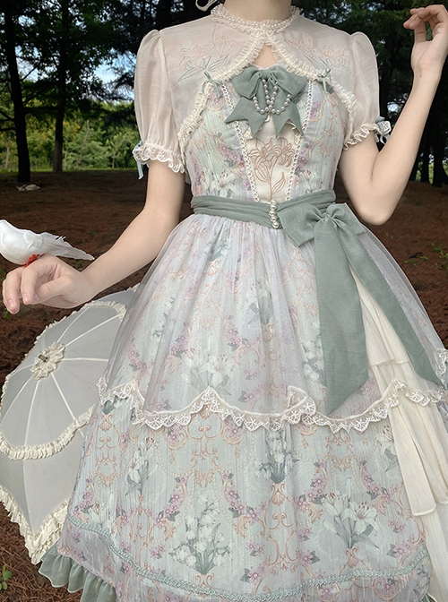 Lily Of The Valley Blossom Series Chiffon Lace Bowknot Pearl Chain Decoration Classic Lolita Sleeveless Dress Set