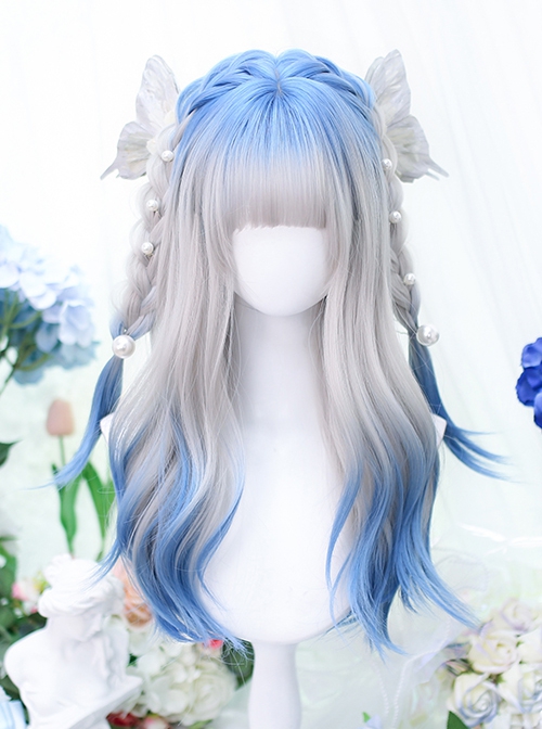 Gray Dyed Blue Curly Hair Air Bangs Long Hair Sweet Lolita Wig