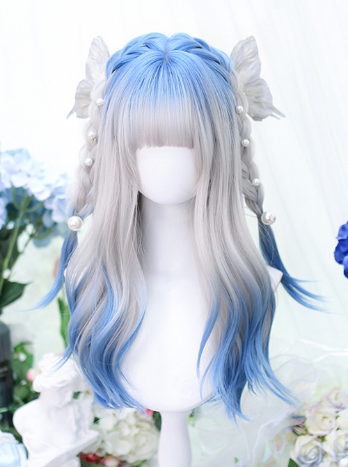 Gray Dyed Blue Curly Hair Air Bangs Long Hair Sweet Lolita Wig