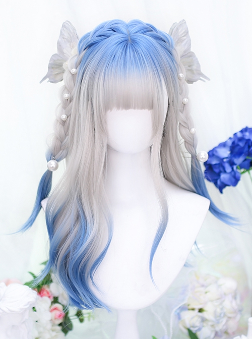 Gray Dyed Blue Curly Hair Air Bangs Long Hair Sweet Lolita Wig